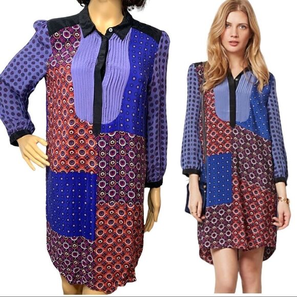 Medium Silk Patchwork Dress Foulard Tunic Shirt Anthropologie Moulinette Souers - Picture 1 of 9